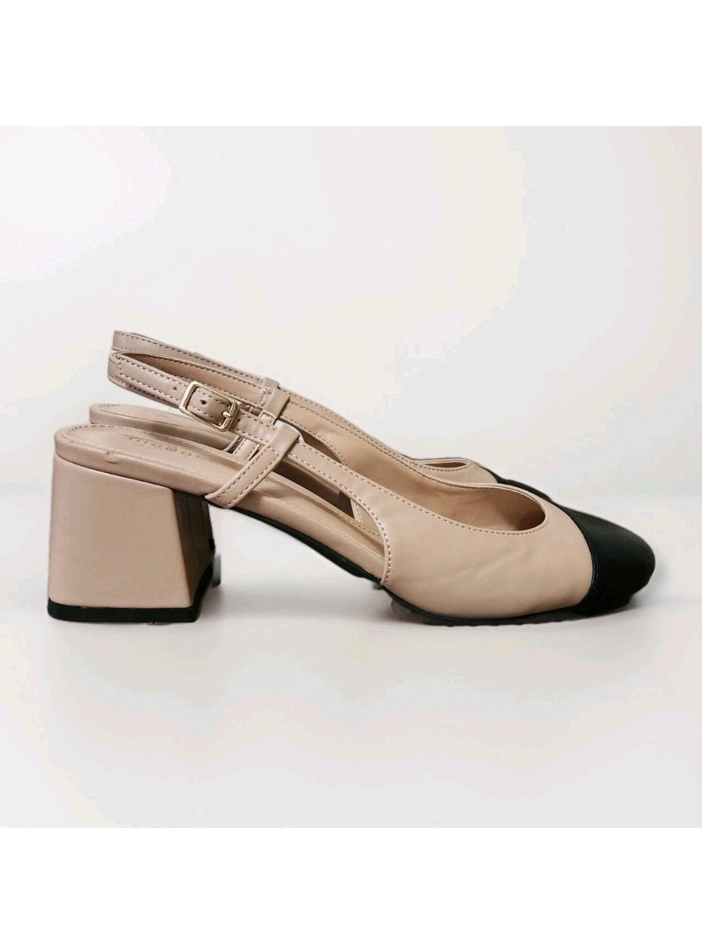 Madden Girl Kiitty Slingback Block Heel Pumps Beige Black Cap Toe Women 9.5 M - Picture 2 of 16
